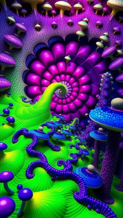 Prompt: An extremely super hyperrealistic trippy weird surreal odd scene that combines the intricate and mesmerizing beauty of a Mandelbrot Set fractal with the natural elegance of the Euphorbia resinifera (Moroccan Mound) and the vivid hues of the Lactarius indigo (Indigo Milk Cap). The scene is set against a backdrop of Voronoi Tiling, adding an organic, cell-like structure to the composition.

The Mandelbrot Set forms the central focus, with its bulbous, spiraling shapes rendered in a spectrum of psychedelic colors, seamlessly transitioning from deep purples to vibrant greens. These fractal patterns are echoed in the clumping, ribbed stems of the Euphorbia resinifera, which emerge from the fractal landscape in a lush, verdant green, their thorny textures adding a tactile contrast to the smooth, flowing lines of the fractal.

Interspersed throughout this surreal landscape are clusters of Lactarius indigo mushrooms, their convex caps a striking blue to indigo, exuding an ethereal glow that casts soft, luminescent shadows across the scene. The mushrooms' smooth texture and the blue milk they exude add an element of mystery and enchantment.

The entire scene is woven together with the organic, cellular patterns of Voronoi Tiling, creating a harmonious blend of natural and mathematical beauty. The tiling adds depth and complexity, with each cell-like shape reflecting the colors and textures of the elements it surrounds, creating a cohesive and mesmerizing visual experience.