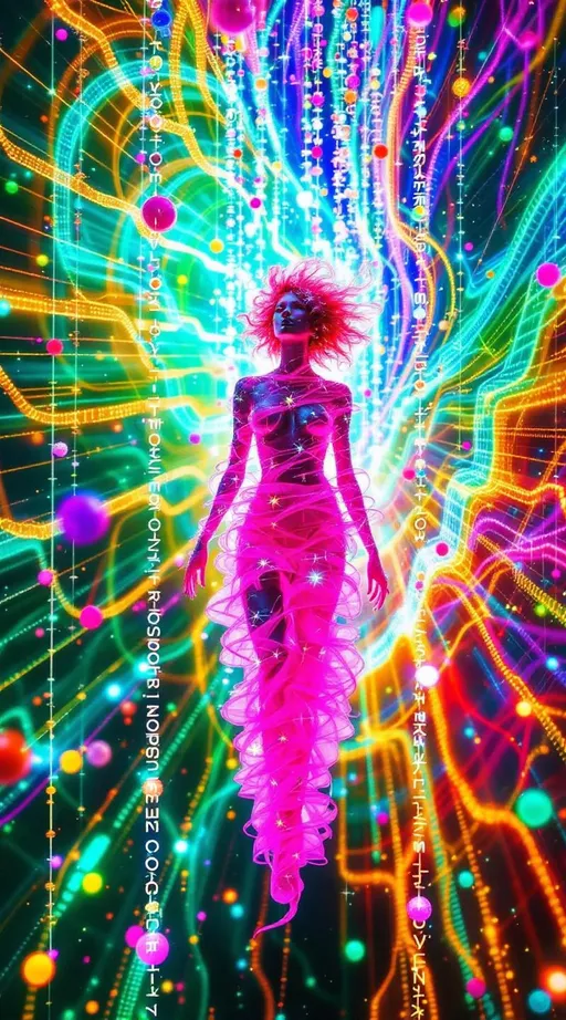 Prompt: Suspended within the data lattice void, she blazes in brilliant contrast—her form a hyperchromatic bloom within sacred structure. Around her stretch infinite glowing grids—lattices of soft white, teal, and gold light forming non-Euclidean layers of logic, folding in space like a dreaming machine. These beams pulse with informational clarity, but she disrupts them with radiant variance.

Her body glows in recursive bloom—curls of vibrant pink spiraling outward like fractal attractors, each filament twisting probability into light. From her skin, spectral waves pulse—neon ribbons of coral, plasma gold, and electric jade ripple outward, warping the lattice around her. Wherever she steps, the data threads bend—becoming saturated, irregular, beautiful.

Floating orbs drift nearby—data nodes reacting to her presence, flickering, reorienting. One shatters softly as a curl grazes it. Her glow trails behind her in layered loops, echoing her form like Replica Theory memory-light. She is ecstatic color blooming inside structured void—an emotional singularity piercing pure cognition.

In this place of stillness and logic, she is the recursive pulse. She is difference, expansion, radiant rupture. The lattice remembers her as deviation—and welcomes the bloom.
