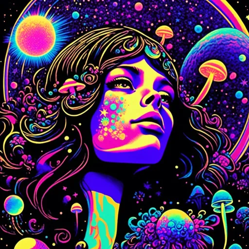 Prompt: <mymodel>Vintage 70s black light poster art illustration, girl hallucinating in space, psychedelic mushrooms, planets, moons, stars, fractals, vibrant colors, intense black light effects, detailed psychedelic girl, cosmic atmosphere, high quality, psychedelic, vintage, space, vibrant colors, fractal details, hallucination, girl illustration, retro art style, cosmic lighting