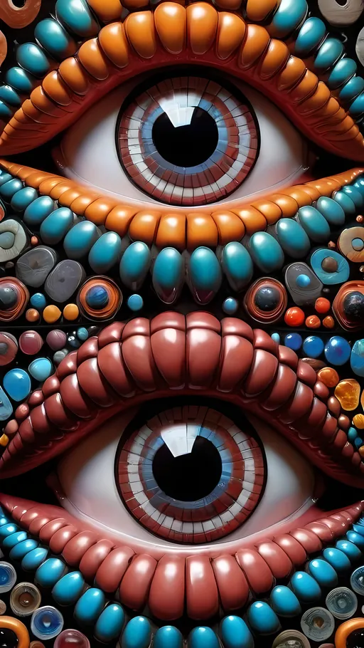 Prompt: Create an extremely hyper-realistic, ultra super textural, weird, trippy, surreal, psychedelic eyes/teeth/mouth pattern/design based on Triskelion & “Op Art tiling” with lots of human eyes (crazy colorful compound psychedelic), rows of human teeth, human lips, and tongues. 

- **Colors**: determined by the properties and expressions of the elements (& their isotopes), minerals, and metals: Tantalum (Ta), “Fusarium verticillioides”, Hematite, Crocoite, garnet, Trichroism

**Shapes and forms**
- Triskelion 
- "Op Art tiling" 
-other shapes determined by the natural properties and expressions of the elements (& their isotopes), minerals, metals, and biological organisms: diatoms, Tantalum (Ta), Hematite, Crocoite, garnet 


- **Textures**: Derived from any/all elements (& their isotopes), minerals, metals, crystals, organic things mentioned in this prompt: Tantalum (Ta), “diatoms”, Hematite, Crocoite, garnet

**Composition and Layout**:
- a pattern/design based on the Op Art tiling & Triskelion 

**Lighting**:
- Trichroism


**Detail and Atmosphere**:
- Extreme hyperrealistic sharp high detail high definition organic and mineral textures
- Psychedelic, weird, odd, surreal atmosphere
- Frozen in time

**Additional Elements**:
- extra rows of teeth, lips, many eyes, diatoms, Op Art tiling, Triskelion, Aventurescence, Chatoyancy
