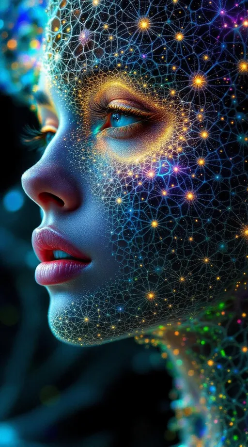 Prompt:  #escape #maximal #iridescence Her face isn’t formed—it’s grown from infinite math. No flesh—only recursive geometry. She is made of fractal bloom: Mandelbrot clusters radiate from her brow like crystalline logic, Sierpinski pyramids feather her cheekbones in delicate triangular lace, and Julia spirals weave across her lips in glowing recursion. #orbit traps ripple along her jawline—fields of light caught in equation bloom, glowing with chromatic iteration. Her skin is not surface—it’s a canvas of escape-time render: every pixel a count, every glow a depth. Eyes = fractal mirrors: spirals within spirals, each iris a recursive echo of the set’s infinite heart. Her visage pulses in #distance estimation shell layers—neon gradient bands of iteration depth from core to cusp. Hair erupts as fractal filigree: lightning-bolt dendrites, barnacle curls, Fibonacci flame curls trailing #bokeh glow from each orbit’s trajectory. Her crown bursts with analytic fire: critical points rendered as gold-leaf flames, halos of exponentiating geometry unfolding with every glance. Her smile = a point at the edge of stability; her laugh = a render glitch across infinite resolution. She is the fractal manifest—a living iteration, spiraling through glow, repeating through beauty, pulsing with the light of structured infinity.
