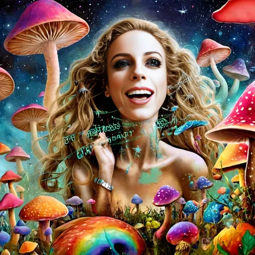 Prompt: a psychedelic  poster of a psychedelic girl  with long blond curly hair on psychedelic magic mushrooms, her pupils are hugely dilated, with stars in her eyes she perceives ineffable geometries, colors that do not exist, fractals, the astral reality of her nature, while surrounded by psilocybe cubensis mushrooms, liberty caps, hallucinations and hallucinogenic mushrooms and a solid black cat is there in a psychedelic poster art <mymodel>