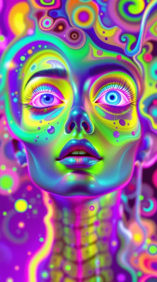 Prompt: A maximalist, neon-iridescent paradox construct, shimmering with dragonfly-wing diffraction and polarized crystal sheens, painted in gradients of ultraviolet aqua, molten fuchsia, electric lime, and opalescent violet. The form hints at human anatomy but instantly collapses into recursion, geometry, and carnival impossibility.
Eyes spiral into Mandelbrot infinities, each iris a rainbow tunnel looping inward forever. Lashes bloom into fractal satellites, each blinking at a different rhythm, reflections chasing themselves across impossible planes. Teeth splinter into Cantor set jaws, rows dividing into smaller and smaller jaws, infinite and absent at once.
The nose fractures into hyperbolic tilings, cartilage folding into impossible mosaics that inhale and exhale contradictory smoke. Ribs coil into Möbius loops and Fibonacci spirals, weaving lattices of glowing bone-lollipops that braid into carnival glass. Veins branch as Hilbert curves, recursive labyrinths glowing like neon tubing.
Inside the chest, a heart both beats and does not beat, ζ(s) glyphs pulsing across its paradox surface. Lungs expand into Julia spirals, exhaling carnival smoke that folds into smaller lungs suspended in the air.
Skin refracts like Klein-bottle membranes, pores spiraling into mouths, mouths into eyes, eyes into recursive vascular glyphs. Hair explodes as fractal ribbons and Möbius curls, each strand refracting in hummingbird-feather iridescence, some ending in teeth, some in eyes, some in laughter that dissolves into recursion.
Background collapses into paradox carnival geometry: rollercoasters folding into Escher stairs, Ferris wheels spinning forward and backward, cotton-candy skies tiled with impossible reflections. Every surface alive, every boundary recursive, every color impossibly bright.