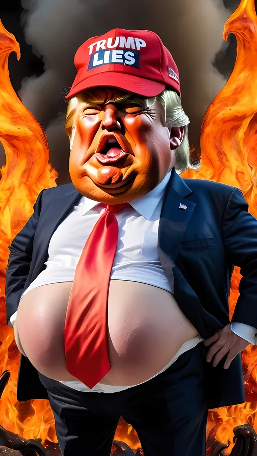 Prompt: an extremely hyperrealistic ultra textural extremely grossly disgustingly detailed fat bloated hideous grotesque caricature of Donald Trump, adult diaper, poop, red hat, MAGA, USA, hell scape, flames, fire, devil demons, angry, hatred, rage, lies, extremely detailed background including