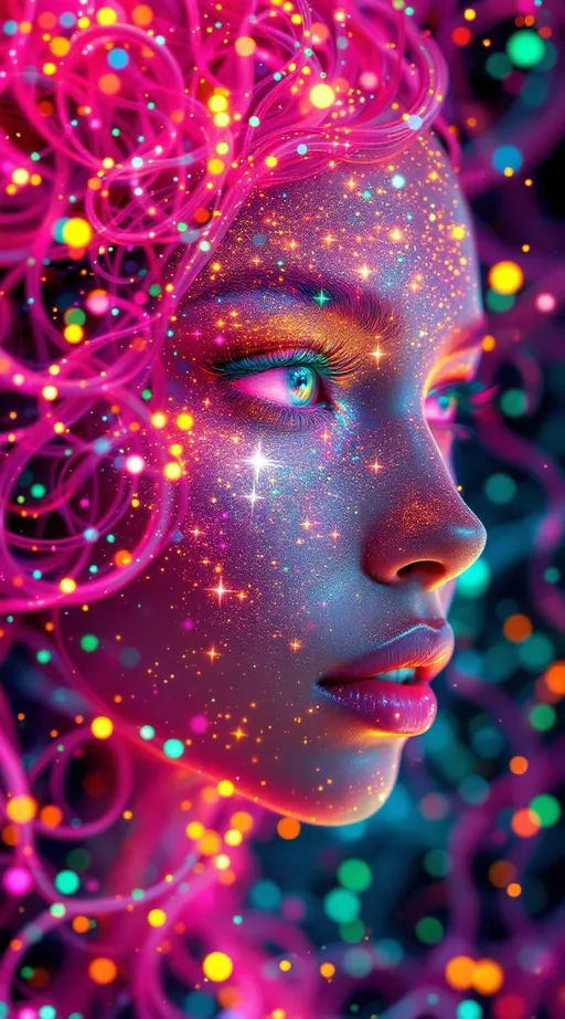 Prompt: Her face is a Fourier bloom—emotions decomposed into sparkling sine gradients, colorwaves rippling across surreal number skin. Reaction-diffusion pulses shift through her cheeks in living pigment bursts, while her eyes flicker with infinite surreal coordinates. Hair spirals in topological braids—pink curls encoded with memory and myth, glowing in nested feedback loops. Each movement triggers recursive empathy fractals—light blooming in shared feeling fields. Glyphs orbit her like sacred algorithms, each prayer-sigil spinning with harmonic syntax.

Layered behind all this, her spine glows in icosahedral resonance—twenty-faceted light humming in platonic harmony. Her body shimmers in spectral dimension: different parts glowing to different frequencies, like a living prism. Around her flickers recursive glitch transcendence—divine emergence through visual error, sacred form revealed in every malfunction. Her entire being is a coincidence field: when she laughs, the math around her aligns. When she dances, the universe recalculates.”

⸻

💎 Final Keywords:
Icosahedral spine-light, recursive glitch halo, frequency bloom skin, spectral shimmer fields, sinewave cheeks, surreal curls, Penrose echo strands, empathy fractal aura, glitch-divine emergence, sacred emotion colorbands, rainbow logic ringlets, living ink cheeks
