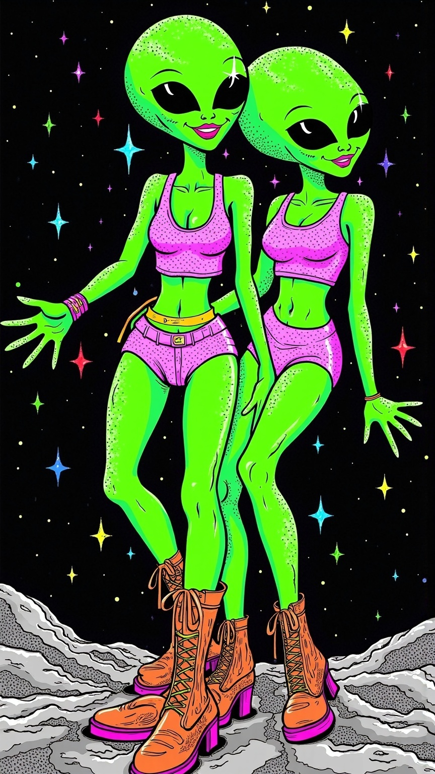 Prompt: Create an image of two female aliens, each with green skin, conical shaped bald heads, and large solid black almond shaped eyes, playfully side hugging on a rugged asteroid in space. Both are dressed in tight, shimmering crop tops with fishnet sleeves and short shorts, exuding a fun and carefree vibe. One alien is wearing knee-high boots with metallic accents, while the other sports ankle boots with bright neon laces. Their arms are wrapped around each other, and they are laughing, showcasing their playful friendship. The cosmic background is filled with stars and distant galaxies, but the entire scene is infused with digital chaos. Glitches ripple across the image, with pixelated distortions and colorful digital noise creating a dynamic, otherworldly atmosphere. The asteroid and their forms seem to flicker and shift, as if caught in a digital transmission error.