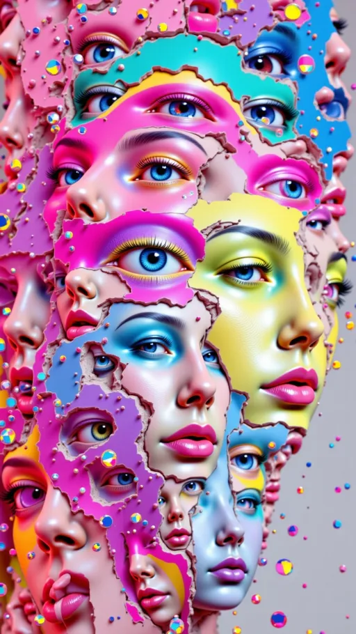 Prompt: ultra hyperrealistic surreal portrait of a beautiful woman mid-reactive glitch, face shattered and reassembled through multiple glitch types, frozen in time, glitches forming the fractures and multiplication of her features, pixel sorting streaks pulling eyes and lips across space, datamosh smears blending fragments of skin and hair, VHS signal tears bisecting features, compression artifact mosaics scattering facial geometry, RGB channel splits with exaggerated chromatic aberration halos, recursive duplicates of eyes and mouths aligned along glitch trails, warped geometric symmetry partially breaking into chaos, bright acidic saturated colors intertwined with soft dreamy pastels, iridescent shimmer over black and white optical illusion patterns, metallic and holographic highlights catching in every fractured shard, soft pearlescent gradients contrasting with high-contrast glitch lines, skin hyper-detailed with sharp texture and reflective microfacets, light bending around fragments like a prism, impossible anatomy flowing with glitch logic, surreal but crisp and sharp, zero painterly softness, an intricate realm of broken beauty