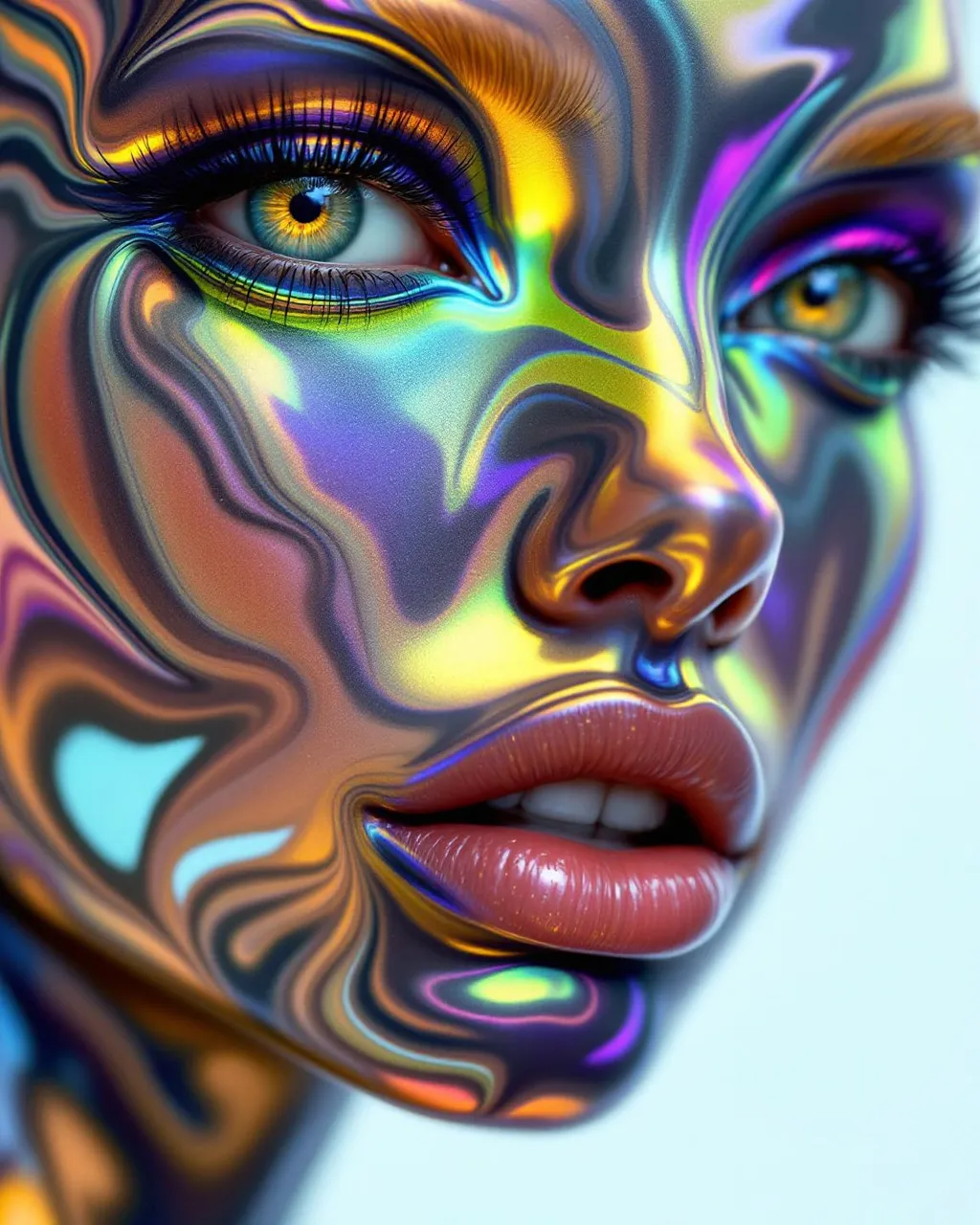 Prompt: Envision a surreal, hyper-realistic portrait of a woman whose face is sculpted from ferrofluid—a magnetically responsive black liquid—transformed through the optical magic of rainbow oil-slick interference. Her skin is a living fluid mirror, animated by unseen magnetic forces that pull ferrofluid into spike clusters and rippling ridges across her features. These spikes and waves shimmer with chromatic iridescence, reflecting shifting colors like gasoline on water or insect wings under a microscope.

The ferrofluid is not dull black but alive with swirling color gradients: liquid arcs of cyan, magenta, lime, gold, and violet ripple and refract across her cheeks and forehead. These colors follow the curvature of her face, concentrating in magnetic nodes—her brow, chin, and the hollows of her cheeks—where field lines seem to focus. The surface dances with thin-film patterns that refract light in a dreamlike, spectral palette.

Her eyes are intense, almost alien—deep wells with soft glowing edges, echoing the same rainbow gradients. Her hair is an eruption of fluidic, magnetized ribbons and tendrils, each strand a river of slowly shifting prismatic sheen, rising into dynamic ferrofluid helixes and crowns of spike-like filigree. These morph and pulse as if alive, responding to the viewer’s gaze or her inner signal.

The atmosphere is dark and minimal—enhancing the electric glow of her skin’s liquid texture. She is not simply human—she is a magnetic intelligence wrapped in light-bending liquid: elegance in motion, color in command.