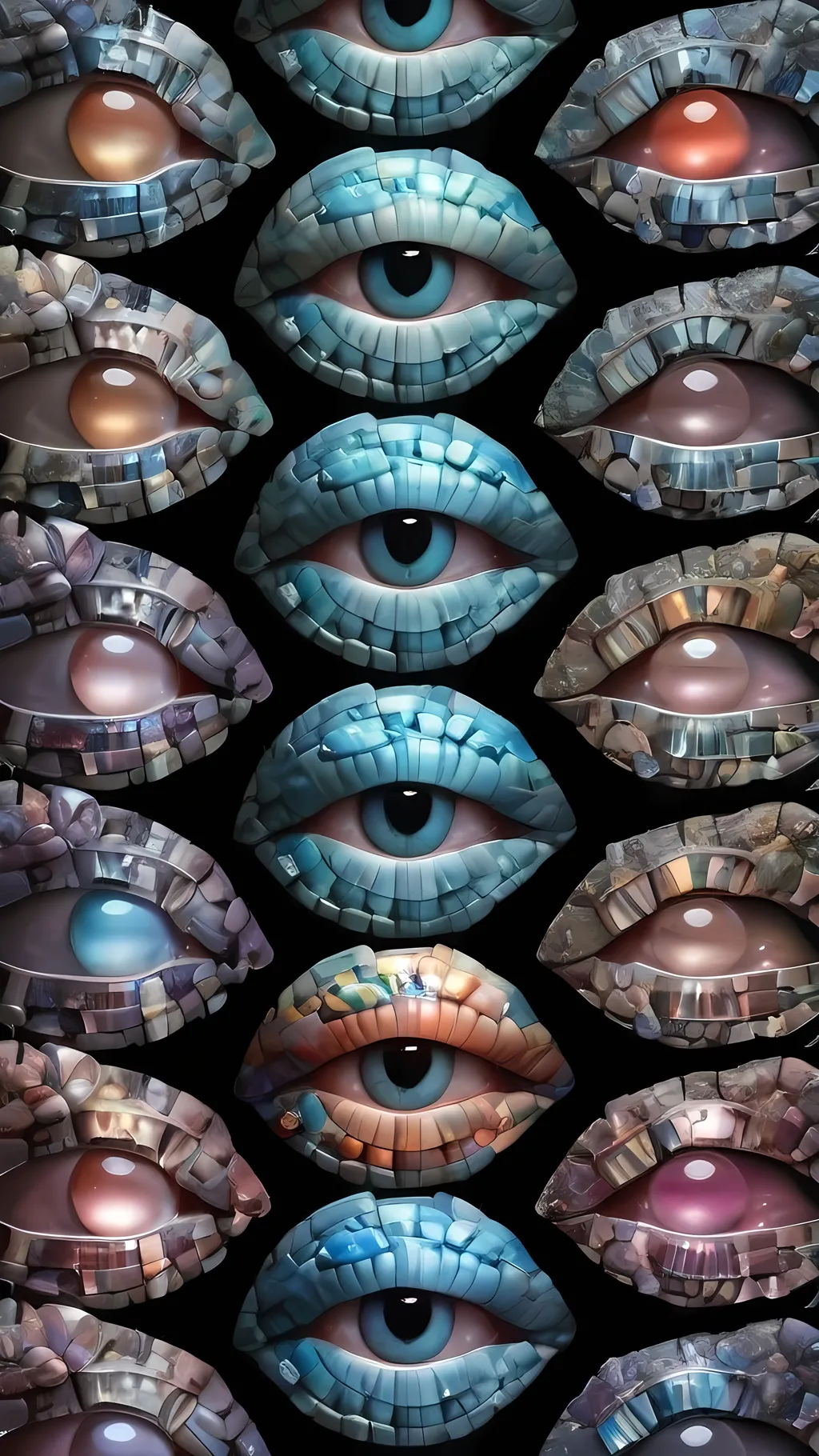 Prompt: Create an extremely hyper-realistic, ultra super textural, weird, trippy, surreal, psychedelic eyes/teeth/mouth pattern/design based on Mandelbrot & “Op Art tiling” with lots of human eyes (crazy colorful compound psychedelic), rows of human teeth, human lips, and tongues. 

- **Colors**: determined by the properties and expressions of the elements (& their isotopes), minerals, and metals: opal, moonstone, Kunzite, selenite, rose quartz, Platinum (Pt)

**Shapes and forms**
- Mandelbrot 
- "Op Art tiling" 
-other shapes determined by the natural properties and expressions of the elements (& their isotopes), minerals, metals, and biological organisms: opal, moonstone, Kunzite, selenite, rose quartz,  Platinum (Pt)


- **Textures**: Derived from any/all elements (& their isotopes), minerals, metals, crystals, organic things mentioned in this prompt: opal, moonstone, Kunzite, selenite, rose quartz, Platinum (Pt)

**Composition and Layout**:
- a pattern/design based on the Op Art tiling & Mandelbrot 

**Lighting**:
- lots of bright light
- Iridescence
- Aventurescence
- Chatoyancy
- Asterism

**Detail and Atmosphere**:
- Extreme hyperrealistic sharp high detail high definition organic and mineral textures
- Psychedelic, weird, odd, surreal atmosphere
- Frozen in time

**Additional Elements**:
- extra rows of teeth, lips, many eyes, Op Art tiling, Mandelbrot, Iridescence, Aventurescence, Chatoyancy
