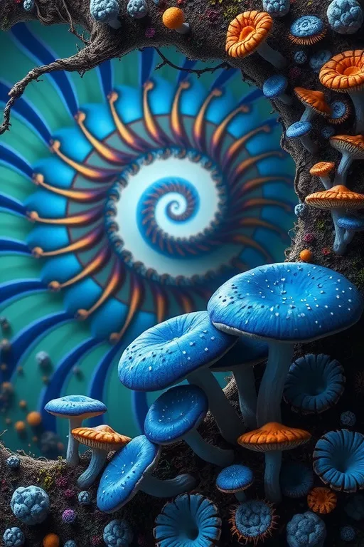 Prompt: Let's create a new art prompt using the specified mathematical methods and updated elements from the knowledge bases:

1. **Mathematical Function**: Fibonacci Sequence
2. **Natural**: Lactarius indigo (Indigo Milk Cap), Hericium erinaceus (Lion’s Mane)
3. **Pattern Tiling**: Fibonacci Spiral
4. **Minerals/Crystals/Elements**: Terbium, Dysprosium, Holmium, Erbium, Thulium, Ytterbium

**Final Art Prompt:**

"An extremely super hyperrealistic trippy weird surreal odd scene featuring the mesmerizing Lactarius indigo (Indigo Milk Cap) mushrooms with their convex to depressed blue caps exuding blue milk, paired with the striking Hericium erinaceus (Lion’s Mane) fungi, characterized by their cascading icicle-like spines. The background is a breathtaking Fibonacci Spiral, echoing the natural spiral patterns found in sunflowers and seashells, creating a harmonious and mathematically intriguing backdrop. Scattered throughout the scene are metallic elements like Terbium, Dysprosium, Holmium, Erbium, Thulium, and Ytterbium, each displaying their silvery-white hues with hexagonal close-packed crystalline structures. These elements add a futuristic and otherworldly metallic sheen to the environment. The entire scene is bathed in a surreal light, creating an atmosphere that is both otherworldly and deeply connected to the natural order."

This prompt combines the natural forms and luminous qualities of fungi with the geometric complexity of Fibonacci spirals and the striking visual impact of various metallic elements, creating a scene that is both scientifically intriguing and artistically captivating.