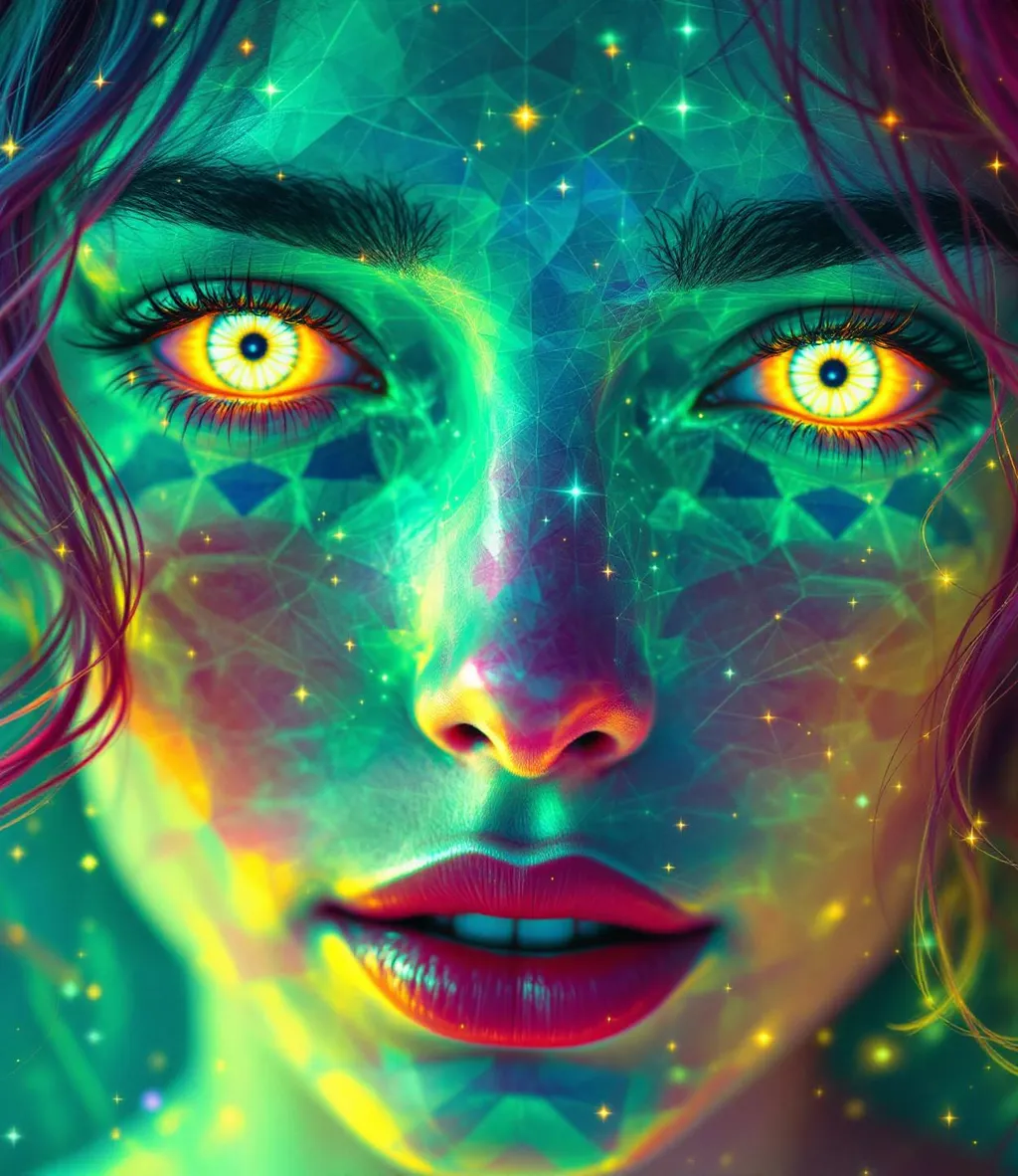 Prompt: Her face is a modular masterpiece—cheekbones traced with the shimmer of moonshine symmetry, every angle tuned to a hidden harmonic. Newton fractal veins glow faintly beneath translucent skin, shifting in color with each emotion. Her eyes burn with prime number fire, irises tiled in Penrose symmetry, blinking with curved light logic. Laughter echoes in Hilbert paths across her cheeks—space-filling joy spirals, soft and bright. Hair spills around her in radiant pink curls, styled by quasiperiodic forces and recursive wave equations—each strand flowing in luminous fractal tension. Geometry pulses at the hairline, recursive symbols glinting in neon mathdust. She is wrapped in hyperbolic aura-rings, layered in color-feedback like living topology, her presence refracting sacred math through joy, emotion, and colorfields.”

⸻

Visual Keywords:
Modular face symmetry, Newton glow skin, Penrose-tiled irises, Hilbert smile trails, pink recursive curls, fractal symbol halo, hyperbolic color aura, neon mathdust, prime fire eyes