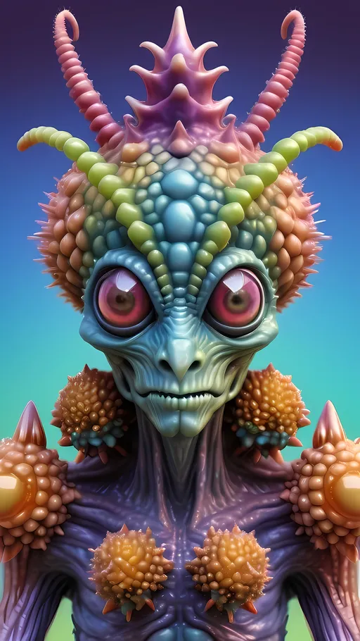 Prompt: Extremely hyperrealistic ultra textural trippy surreal beautiful but odd unsettling psychedelic creature- a psychedelic GALL creature entity,  queen, crown, jewelry, accouterments, with lots of crazy psychedelic human compound eyes, rows upon rows of human teeth.  head, face, body, limbs, fungus, Mandelbrot, oil slick rainbow sheen effect, holographic, hologram, translucent, vivid colors white, tons and tons of light, bright pastel colors, Gyroid Structures. GALLS: Got it! Here's a refined list focusing on the appearance and shapes of plant/wasp galls: Galls, spherical, ovoid, conical, tubular, spiny, horned, blister-like, pouch-like, rosette, bud galls, leaf galls, stem galls, root galls, petiole galls, flower galls, hypertrophy, hyperplasia, cecidia, gall morphology, gall tissue, larval chambers, nutritive tissue, gall anatomy, defensive structures, blister-shaped, globular, irregular, bulbous, ridged, segmented, smooth, wart-like, clustered, elongated, flattened, lobed, scaly, hairy, warty, woody, corky, fleshy, succulent, colorful, mottled, patterned.