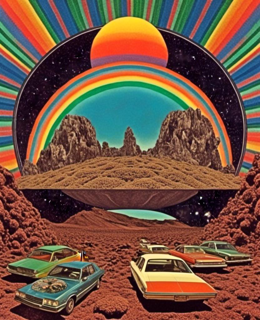 Prompt: L<mymodel> a vintage 70s psychedelic collage featuring photographs and art spliced together to produce an image that has the surreal feel of vintage 70s science fiction art but is a psychedelic college of the following elements, importance ranging from highest to lowest- trippy psychedelic patterns and optical illusion effects, mushrooms/fungus of all kinds in all colors of the rainbow, alien/desert/mountain landscapes, planets/moons/orbs, rainbow spectrums, colorful auras, cats, candy, insects, animals