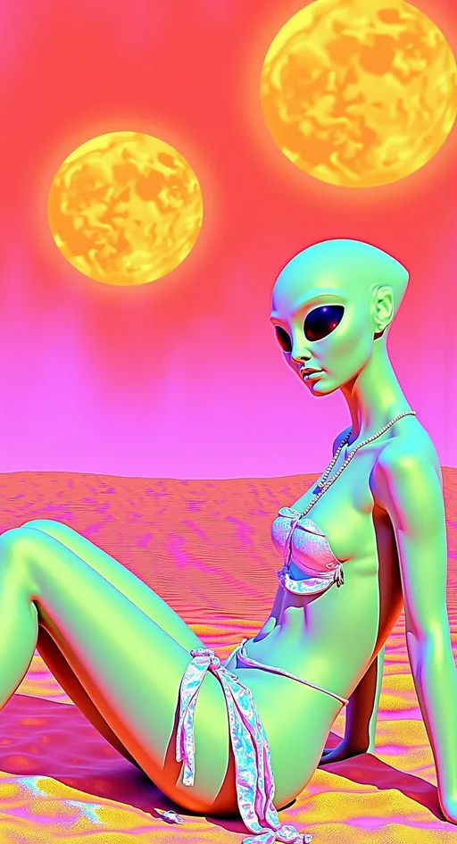 Prompt: Create an image featuring a female alien with green skin, a conical shaped bald head, and large solid black almond shaped eyes. She is lounging on a holographic towel, her attire consisting of a shiny crop top and tight shorts, revealing her slender form. The desert alien landscape stretches around her, surreal and otherworldly, with two suns casting an ethereal glow over the scene. The sky is filled with digital noise, and the sands appear to be glitching, with pixelated patterns and color distortions. Her relaxed pose contrasts with the vibrant, glitchy environment, creating a captivating and otherworldly atmosphere.