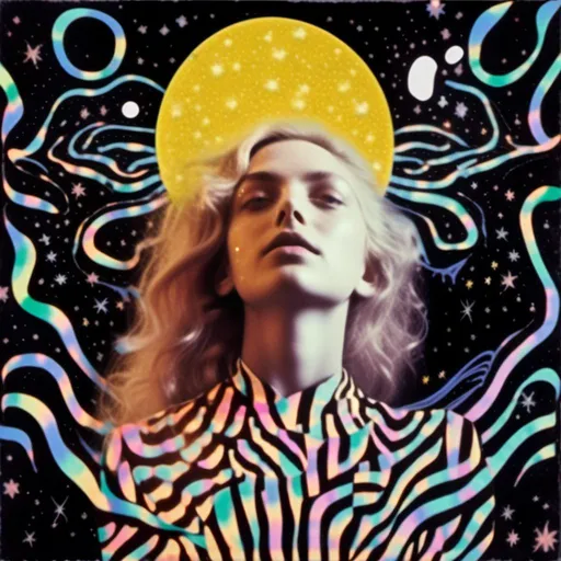 Prompt: <mymodel>Mixed media collage of an astral entity in the astral realms in outer space but also another beautiful glowing dimension of radiance
And love and light. She has long blond curly hair and appears as a photograph, maybe black and white or halftone, while the mixed media colors and sparkles and sacred geometries of the astral dimension swirls around her and out of her in the form of paint, foils, glitter, sparkles, rainbows, auras, sequins, enamels, rhinestones, thread, broken glass, etc