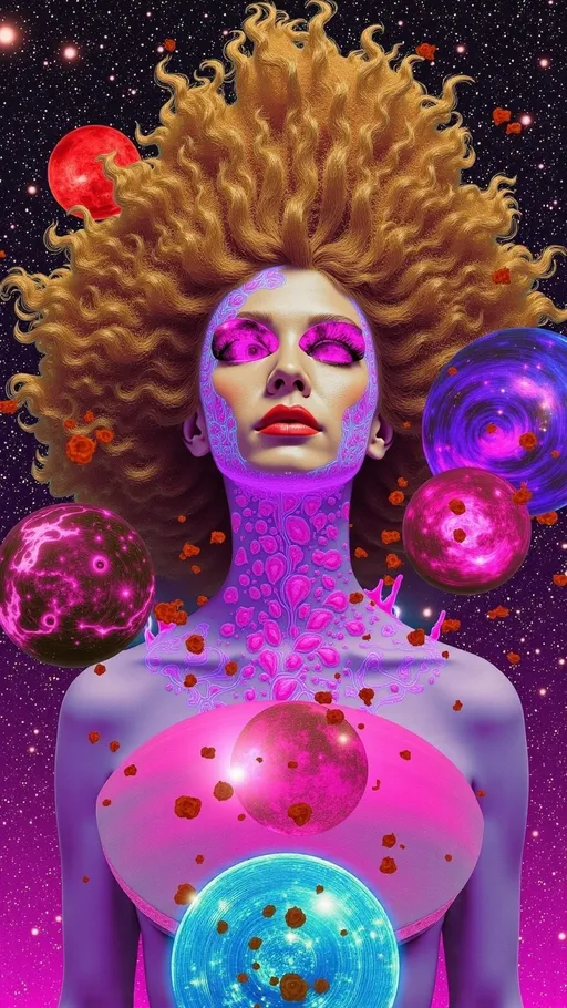 Prompt: **Prompt:**  
A divine DMT entity in the form of a beautiful Caucasian woman, her wild, curly blond hair transformed into glowing, multidimensional tendrils of liquid light, flowing endlessly into the fractal infinity of hyperspace. Her body shimmers like a crystalline hologram, constantly shifting between forms—part human, part machine, part alien architecture. Her skin is adorned with intricate, bioluminescent patterns of sacred geometry, pulsating with the colors of the ultraviolet spectrum: neon pinks, radiant purples, and electric blues. Her eyes are vast, otherworldly portals, reflecting the infinite realms of the DMT hyperspace—swirling vortexes of kaleidoscopic energy and impossible landscapes. The background is alive with hyper-organic structures: cathedral-like domes made of living light, pulsating with a rhythm that feels both ancient and futuristic. Alien glyphs and symbols float in the air, as if communicating with her and the viewer telepathically. The entire scene radiates an overwhelming sense of awe, mystery, and transcendence, as though she is the guardian of the ultimate cosmic truth.
