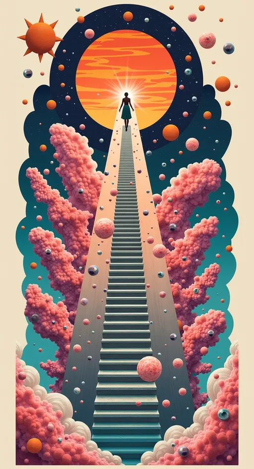 Prompt: acid-inspired illustration style, french surreal animation aesthetic, psychedelic glamour art, hyper-saturated secondary color warfare, hot-magenta shockwaves, wild electric-fire orange flares, neon-lime tracer streaks, toxic-teal vapor glows, ultraviolet plasma halos, prismatic color eruption fields, solar-candy coral flares, cherry-electric pink radiance, volt-aqua lightning haze, cosmic-tangerine combustion tones, spectral-violet shimmer mists, radioactive-chartreuse edge burns, holographic color-bleed splashes, bismuth-chrome gradient surfaces, iridescent metallic luster skins, oil-slick spectral reflections, pearlescent light refraction sheets, liquid-geometry color distortion, prismatic diffraction overlays, full-spectrum color inversion pops, rainbow glitch halos, chromatic misregistration jitter, analog color-bloom storms, glow-gel highlight flares, phosphor neon light leaks, VHS-scan shimmer layers, hologram interference textures, colorized halftone noise fields, stipple-dot rainbow gradients, liquid mirror tessellation shards, elastic anatomy stylization, surreal fashion-illustration silhouettes, biomorphic architecture backdrops, alien minimal geometry forms, glyph symbol drift swarms, orbiting bismuth-sigil jewelry effects, fractal ribbon hair dynamics, neon tendril motion lines, volumetric glow fog in candy colors, dream-physics perspective warping, recursive pattern echoes, diffraction rainbow lensing artifacts, chrome-candy surface accents, spectral neon embossing, psychedelic digital grading, vaporwave surreal crossover, hand-touched painterly psychedelic finish, hyper-saturated controlled chaos, maximalist color logic composition, glossy prismatic fantasy polish, modern psychedelic still-image aesthetic.