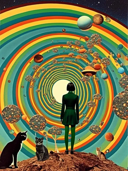 Prompt: <mymodel> Vintage 70s psychedelic surreal sci-fi Collage, analog, cut & paste, outer space, rainbows, spectrum, optical illusions/trippy patterns, surreal alien landscapes, UFOs, « little green men », psilocybin mushrooms, geometric shapes , planets, orbs, black night sky with stars, in the center, cats, 