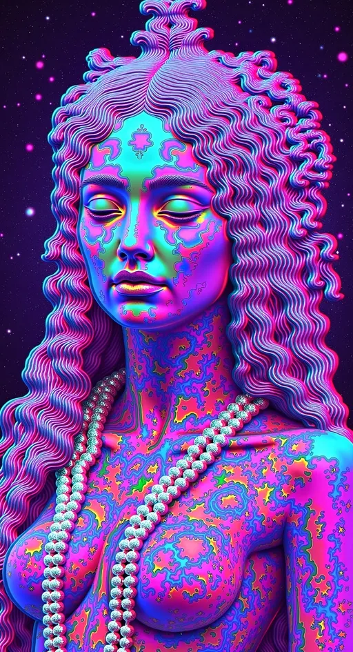 Prompt: Create a super hyperrealistic, finely detailed psychedelic Nouveau illustration of a Cosmic Jester. Feature the word MERRYPRANXTERworked organically into the background somehow.  This enchanting character is a merry prankster of the cosmos, an astral jokester dancing through time and space. She exudes a jester vibe, wearing feminine holographic jester attire & makeup with a feminine, harlequin twist. Not human, but humanoid, she is crafted from vibrant colored light, embodying an extra-dimensional extraterrestrial essence. Her presence is a beacon of joy, as she laughs and twirls through the cosmic astral realms, elevating vibes wherever she roams. 

Her beauty is otherworldly, with long, curly hair that shimmers like a cascade of colored light, appearing blonde yet transcending earthly hues. Her eyes sparkle with mischievous wisdom, and her attire is a dazzling array of intricate patterns and swirling colors, reminiscent of both jester garb and celestial phenomena.

Incorporate the text "the merrypranxter" above her in smaller, elegant lettering, seamlessly blending into the cosmic background. This text should capture the essence of her playful spirit, as if it were a whisper from the universe itself. The illustration should radiate her vibrant energy, portraying her as a timeless wanderer spreading joy and wonder throughout the cosmos.