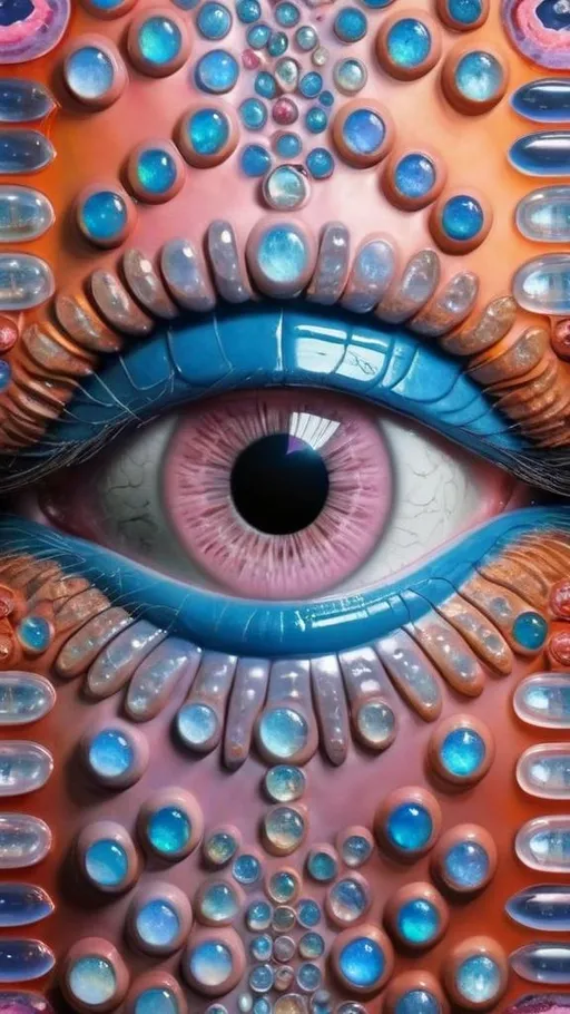 Prompt: Create an extremely hyper-realistic, ultra super textural, weird, trippy, surreal, psychedelic eyes/teeth/mouth pattern/design based on Mandelbrot & “Op Art tiling” with lots of human eyes (crazy colorful compound psychedelic), rows of human teeth, human lips, and tongues. 

- **Colors**: determined by the properties and expressions of the elements (& their isotopes), minerals, and metals: opal, moonstone, Kunzite, selenite, rose quartz, Platinum (Pt)

**Shapes and forms**
- Mandelbrot 
- "Op Art tiling" 
-other shapes determined by the natural properties and expressions of the elements (& their isotopes), minerals, metals, and biological organisms: opal, moonstone, Kunzite, selenite, rose quartz,  Platinum (Pt)


- **Textures**: Derived from any/all elements (& their isotopes), minerals, metals, crystals, organic things mentioned in this prompt: opal, moonstone, Kunzite, selenite, rose quartz, Platinum (Pt)

**Composition and Layout**:
- a pattern/design based on the Op Art tiling & Mandelbrot 

**Lighting**:
- lots of bright light
- Iridescence
- Aventurescence
- Chatoyancy
- Asterism

**Detail and Atmosphere**:
- Extreme hyperrealistic sharp high detail high definition organic and mineral textures
- Psychedelic, weird, odd, surreal atmosphere
- Frozen in time

**Additional Elements**:
- extra rows of teeth, lips, many eyes, Op Art tiling, Mandelbrot, Iridescence
