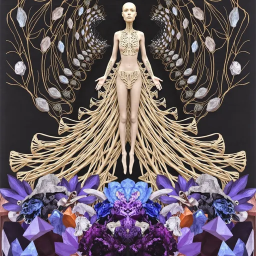 Prompt: An extremely super hyperrealistic, trippy, surreal, and odd humanoid figure suspended within an infinite void. The figure’s body is composed of **Radiolaria Skeletons**, their intricate, lattice-like silica structures forming a translucent, web-like exoskeleton. Flowing through the gaps in this exoskeleton are shimmering **Carbon Nanotubes**, twisting and spiraling like liquid metal veins.
The figure stands atop a massive, undulating **Hyperbolic Paraboloid**, its saddle-shaped surface glowing faintly with gradients of blue and gold, as if alive. Surrounding the figure is an infinite expanse of **Escher Tiling**, where interlocking shapes morph and transform, creating an ever-shifting, dreamlike backdrop.
Hovering in the air around the figure are crystalline formations: **Tourmaline** crystals radiate with multicolored bands, **Labradorite** surfaces flash with iridescent blues and greens, and **Chalcopyrite** tetrahedrons glimmer with iridescent tarnish. At the figure’s feet, clusters of **Amethyst** and **Azurite** crystals grow like alien flora, their deep purple and azure hues glowing faintly in the surreal light.
The entire scene is bathed in a soft, otherworldly glow, as if illuminated by an unseen cosmic energy. The figure’s lattice body pulses rhythmically, as if breathing, while the **Hyperbolic Paraboloid** beneath it ripples with waves of fractal energy, connecting the crystalline landscape to the infinite void beyond.
