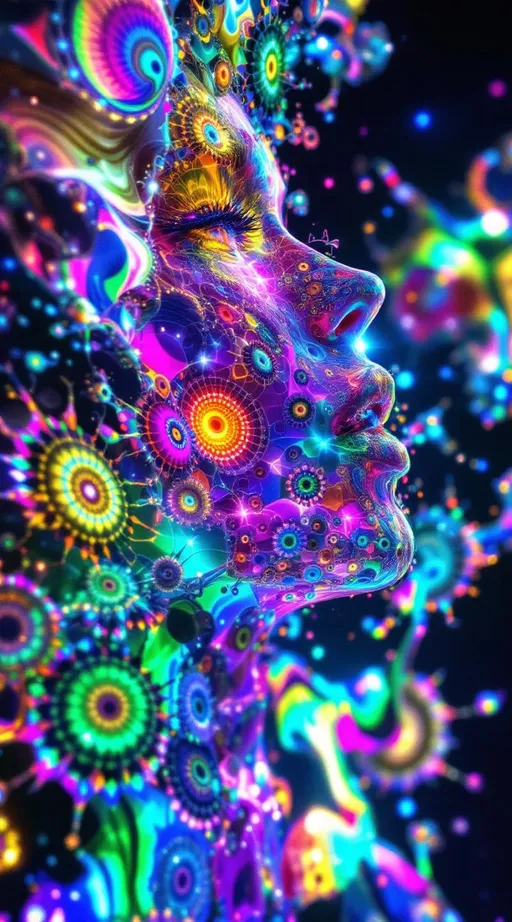 Prompt: Render a female fractal entity composed of recursive rainbow geometries, her form constantly blooming and collapsing in kaleidoscopic layers. Her body is a living Mandelbrot cascade, each limb fractally subdividing into glimmering shards of rainbow light. She is born of a holofractal disco-dimension where space curves like a spinning mirror-ball and time spirals in recursive loops, echoing to the eternal pulse of a 1970s Studio 54 beat. Her skin refracts time, glittering with every possible moment reflected infinitely across crystalline facets. The background is a hyperdimensional disco fractal, merging Euclidean and curved holographic symmetries. Clothing is recursive: iridescent patterns of hexagonal tiling resembling Menger sponges, animated by syncopated light pulses.”