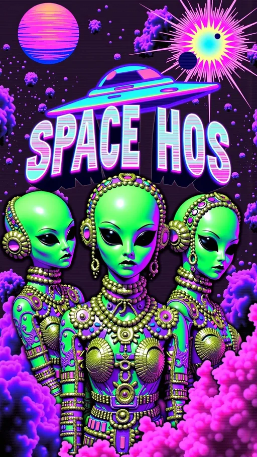 Prompt: **Space Hos - AI Art Prompt**

Create a totally glitched out artwork featuring the phrase "Space Hos" in a bold, sassy, girly futuristic tech font. The scene is populated by multiple striking green-skinned alien females, with bald conical shaped heads and large solid black almond shaped eyes, exuding attitude and confidence. They are dressed in avant-garde high fashion with a futuristic edge, showcasing an array of intricate accessories that highlight their alien allure.

Each alien boasts a slightly conical-shaped bald head and large, almond-shaped black eyes, adding to their enigmatic charm. They pose with sass and poise, making a statement in the cosmic landscape.

Incorporate a vibrant UFO in the background, teeming with colorful lights that illuminate the scene. The setting is a bustling outer space landscape, complete with an alien planet, swirling asteroids, and cosmic phenomena. Alien glyphs are seamlessly integrated into the design, adding a mysterious layer.

The entire composition is busy and detailed, with every inch filled with tiny elements that captivate the viewer's attention. From the smallest star to the grandest asteroid, the scene is a masterpiece of cosmic chaos and extraterrestrial elegance. Finish it off with lots of different types of computer glitches/noise/data/computer screen effects