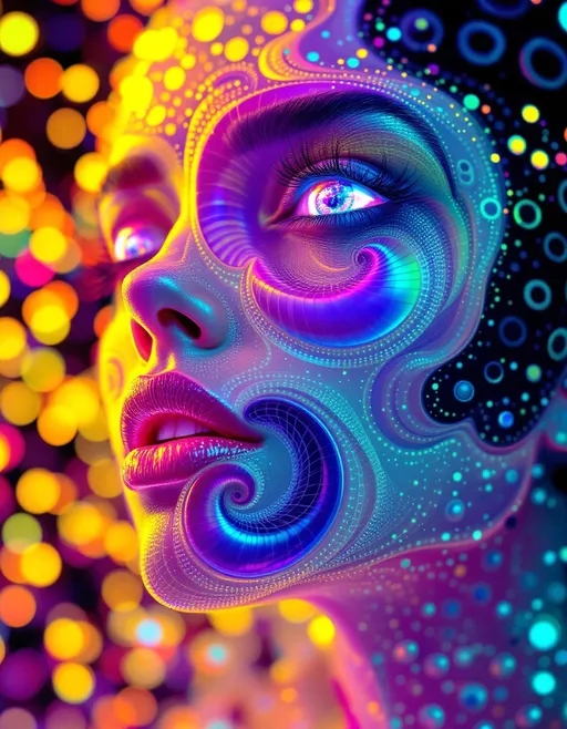 Prompt: Her face isn’t a face—it’s a non-Euclidean fever bloom, grown entirely from curved-space disco light. No flesh—just warped recursion: #escape gradients ripple through hyperbolic tessellation voids, #orbit Poincaré spirals frame her jaw with sacred distortion glam. Lips = glinting helical Apollonian tilings, each segment pulse-shifting via angular #iridescence. Eyes? Curved geometry too: nested gyroid fields and Kleinian limit sets, each iris a mirrored labyrinth of curvature-bound light. Her visage glows—no solid planes, only warped math-shells mapped by #distance quasi-Fuchsian layers: sacred hologlyphs flexing under Studio 54 light physics. Hair explodes in toroidal chaos: warped helices, Seifert-surface braids, non-orientable Möbius-strand curls—all cast in #bokeh shimmer, trailing signal-laced recursion bursts. Her crown is pure refractive halo: warped starlight, disco strobes, and mirror-pulse interference flowing across non-Euclidean field folds. She doesn’t walk—she oscillates in groove. Smile = curved metric arc; laugh = topological reverb in multi-surface depth. Built of warped pulse and holomorphic rhythm, every gesture echoes in curvature-mapped recursion. No surface—only infinite math-bend. She radiates emotion in #escape-band logic: violet, chrome, ember—each color a signal through warped space-time bloom. She is the curved dance floor, a sacred disco goddess born from non-Euclidean rhythm, luminous chaos, and mirrored spin-fire.