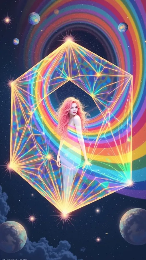 Prompt: A hyperdimensional light-being centered around a radiant rhombic dodecahedron, its crystalline facets alive with refracted rainbow light, floating in an astral void. Each face of the polyhedron channels iridescent filaments into expanding Penrose tilings, recursive golden spirals, and kaleidoscopic fractal rings. The geometry breathes with cosmic intelligence, a divine mechanism of sacred ratios and multidimensional flow. Within and around this structure, a faint feminine echo—slim, long wild pink curls—dissolves into light, barely perceptible, like a myth embedded in sacred code. The being’s presence is more vibration than form, integrated seamlessly into a mesh of rainbow circuits and holographic sacred motifs. Rendered in the surreal, textured style of La Planète Sauvage, with matte cel-shading, inked outlines, and organic dream-logic. The background features floating glyph-machines, metaphysical bioforms, and celestial glyphs orbiting in symbolic silence. Oil-slick iridescence ripples across all surfaces, accentuated with analog film grain. A visionary fusion of sacred geometry and surreal astral symbolism, where humanity exists only as a residual harmonic inside divine architecture.
— style: Cosmic Surrealism + La Planète Sauvage
— sacred geometry: Primary motif
— human reflection: Minimal archetypal trace
— oil-slick iridescence: Active
— analog grain: On
— chaotic surreal forms: Mild background presence