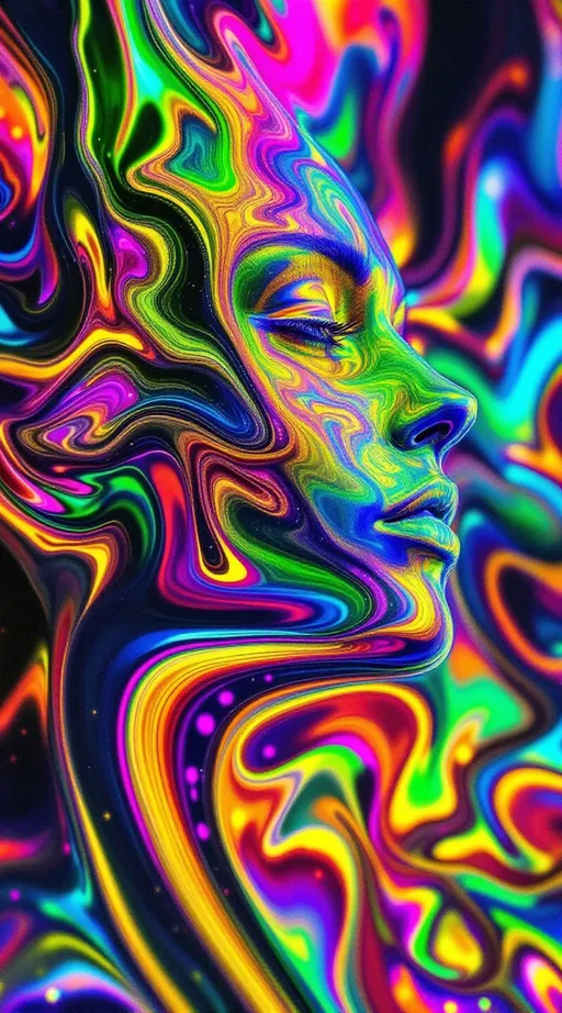 Prompt: A maximalist acidic-psychedelic construct shimmering with oil-slick prisms and fire opal diffraction, bathed in ultraviolet chromes and radioactive neons. Every surface refracts like butterfly scales and peacock feathers, scattering through Fourier halos and thin-film interference, rippling in impossible gradients like Fresnel diffraction patterns. Anatomy is here—but bent, broken, recursive, refusing to stabilize.
Bones fracture into hyperbolic tessellations, joints spiraling into Möbius folds, convex and concave at once like holographic phase plates. Veins unfurl as Koch snowflake geometries, each artery splitting into serrated infinities, glowing cobalt and magenta like Lorenz attractor currents. Muscles shimmer as transparent crystalline glass, tensile fibers vibrating like standing waves, diffracting chromatic rainbows into themselves.
Skin is no longer skin but a Klein-bottle membrane stretched across contradiction, painted with iridescent fractal optics. Pores open into infinite mouths, each lip blooming into smaller lips, each tongue sprouting eyes that refract as prisms, staring back through recursion. Cheekbones inscribe Gödel glyphs that iterate into unsolvable proofs. Foreheads split into Escher staircases of flesh, each step tiled with eyes blinking like asynchronous oscillators.
The chest houses paradox: a heart that beats and does not beat, pulsing with zeta-wave harmonics, Euler inscriptions etched as chrome diffraction. Lungs unravel into Peano-curve labyrinths, inhaling and exhaling infinite recursion like stochastic smoke. Organs refract as kaleidoscopic prisms, scattering spectra into recursive interference.
Hair is a storm of fractal tendrils, Möbius curls and Fibonacci coils, weaving into galaxies of nested faces and eyes. Each curl contains another curl, each strand an ouroboros braid of lips, each lip whispering self-denying truths, paradox etched into optics and recursion.