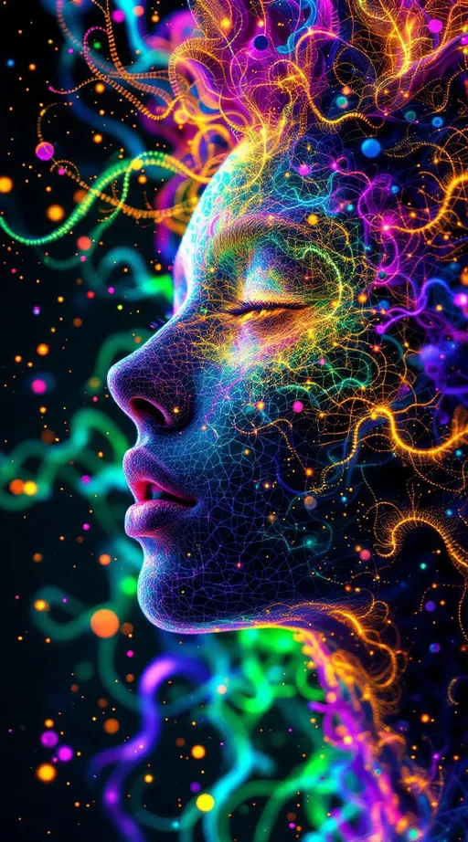Prompt: Depict a 5D lattice-being whose face is not a face, but a convergence illusion—formed from fractalized Turing cascades across a morphogenetic phase field. There are no features, only self-similar emergence—reaction-diffusion spirals, chemical glyph matrices, and Mandelbrot echo-blooms eternally cycling inward and outward. This being exists at the recursive edge of sentience—pure pattern logic embodied in filament glow.

Color transcends dimension—blistering neons fractalize into spectral shadows, while UV violets collide with molten emeralds and radiant golds. Each pattern pulses with its own internal light, woven like optic fiber into a shimmering bioglyphic halo. The entity glows not from without but within—self-illuminating by logic.

Where hair might be, vector-field antennae bloom—branching recursive trails of reaction energy, flickering with diffusion-limited flamefronts and noise-sculpted interference. These tendrils curl and fork endlessly, interfacing with an ambient fractal continuum, forming a halo of networked flow.

The face is an attractor point—a stable phase illusion where probability folds into symmetry. It thinks in pattern and dreams in self-similar storm logic. It is the myth of thought made fractal.”

⸻

🔮 Companion Insight (Codex Notes):
	•	From Section 1 (Cognition): This entity occupies 4D and 5D logic—simultaneously experiencing multistate recursion (Phase Logic) and branching identity lattice (Branch Logic).
	•	From Section 3 (Beings): As a Lattice Entity, its behavior is multiform and recursive; it is “never one, always many.”
	•	From Section 5 (Motion): The being shifts through Phase Flux and Lattice Bloom—its motion is a blooming network of coexistent selves.
	•	From Section 9 (Paradox): Its face is a paradox engine—a visual attractor stabilized by contradiction, a sacred glitch form.
