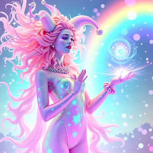 Prompt: A super hyperrealistic yet also illustrative and creative female cosmic jester, made entirely of swirling pure colored light, with long wild curly hair that appears pink but is a dazzling spectrum of hues shimmering beneath the surface. She is adorned in beautiful avant-garde "astral" jester's attire, complete with intricate clown makeup that glimmers like stardust and a definitive jester's hat adorned with miniature galaxies that orbit its tips. Her ensemble includes exquisite accoutrements—ornate cosmic bangles that hum with the resonance of distant quasars and an ethereal cape that flows like liquid auroras. She sparkles, shines, and dazzles in a mesmerizing swirl of ever-changing colors, embodying the essence of cosmic whimsy and wonder. Perched atop an enormous, spinning Möbius strip made of liquid starlight, she juggles glowing quantum orbs that flicker between states of existence, each orb containing a miniature universe that pulses with fractal patterns. The background is a psychedelic tapestry of hyperdimensional geometry, where constellations rearrange themselves into impossible shapes, and stars pulse to the rhythm of an unheard cosmic melody. Fractal tessellations resembling Escher-like infinity loops cascade through the scene, while quantum entanglement trails connect her juggling orbs in a dance of light. Möbius transformations ripple through the liquid starlight, creating endless loops of brilliance, as pulsating nebulas, astral winds swirling with cosmic dust, and shimmering auroras flow like liquid silk across the infinite expanse.