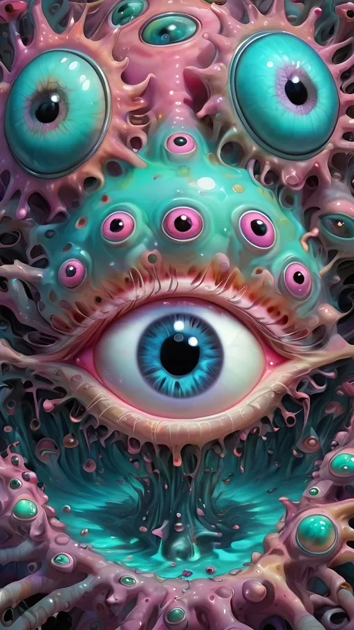 Prompt: Psychedelic, alien psychedelic eyes, weird, surreal, bizarre, ineffable, entity, numinous, lots of crazy weird inhuman psychedelic trippy eyes, melting, trippy, reality breaking down, hallucinations, drippy, dissolutionment, blobs,atoms, electrons, mushrooms, fractals, multidimensional, oozing, hyper cubes, geometry, fractals, third eye, big eyes, small eyes, crazy pupils, pastel colors,psychedelic hyper realism, ultra high resolution, surreal, digital art, intense lighting, bright pastel hues, abstract, confusing, looking at you, ultra detailed textures