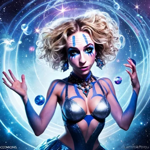 Prompt: A super hyperrealistic yet also illustrative and creative female cosmic jester, made entirely of swirling pure colored light, with long wild curly hair that appears blond but dazzles as a spectrum of hues, floats effortlessly in the heart of a kaleidoscopic nebula. Adorned in avant-garde "astral" jester's attire, her ensemble is a masterpiece of ever-shifting patterns, her definitive jester’s hat extending into infinite fractal shapes that seem to defy the laws of space. Her intricate clown makeup glows with phosphorescent neon greens, electric pinks, and ultraviolet blues, accentuating her mischievous, otherworldly charm. Around her, the stars pulse like strobes in a cosmic dance party, and she juggles shimmering orbs of liquid starlight that burst into tiny galaxies upon contact, each orb reflecting infinite multiversal possibilities. The space surrounding her vibrates with celestial harmonics, a symphony of astral wonder, while an aurora of quantum particles weaves itself into a living tapestry of harlequin diamond fractals, tiling and morphing endlessly. She sparkles and dazzles as her laughter chimes like crystalline bells, embodying the essence of cosmic whimsy and wonder, a living Möbius strip of light and joy in an infinite astral playground.