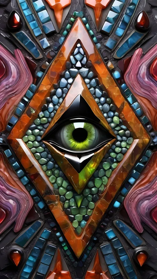 Prompt: Create an extremely hyper-realistic, ultra super textural, weird, trippy, surreal, psychedelic eyes/teeth/mouth pattern/design based on the “Merkaba” & “op art tiling” with lots of human eyes (crazy colorful compound psychedelic), rows of human teeth, human lips, and tongues. 

- **Colors**: determined by the natural properties and expressions of the elements (& their isotopes), raw rough minerals, and metals:
- Molybdenum (Mo)
- Rhodonite
-sulfur
- Wulfenite
-“Cobaltoan Calcite“
- Tsavorite
- peridot
- “Black Kyanite“
- Hematite

**Shapes and forms**
- main form: “ Merkaba(s)”
-other shapes determined by the natural properties and expressions of the elements (& their isotopes), raw rough minerals, metals, and biological organisms: 
- Molybdenum (Mo)
- Rhodonite
-sulfur
- Wulfenite
-“Cobaltoan Calcite“
- Tsavorite
- peridot
- “Black Kyanite“
- Hematite

- **Textures**: Derived from any/all elements (& their isotopes), minerals, metals, crystals, organic things mentioned in this prompt: 
- “Merkaba(s)”
- Molybdenum (Mo)
- Rhodonite
-sulfur
- Wulfenite
-“Cobaltoan Calcite“
- Tsavorite
- peridot
- “Black Kyanite“
- Hematite

**Composition and Layout**:
- a pattern/design based on “Merkaba(s)”
-bilateral symmetry

**Lighting**
- lots and lots of bright shining reflective light
- iridescence


**Detail and Atmosphere**:
- Extreme hyperrealistic sharp high detail high definition organic and mineral textures
- Psychedelic, weird, odd, surreal atmosphere
- Frozen in time

**Additional Elements**:
- extra rows of teeth, lips, many eyes, “Merkaba(s)”, Aventurescence, Chatoyancy
