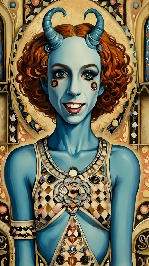 Prompt: Imagine a surreal portrait of yourself as a blue-skinned alien, inspired by the whimsical and grotesque style of Roland Topor. Your alien self has elongated limbs and exaggerated features, with large, expressive eyes that convey a sense of curiosity and mischief. The skin is a rich, cerulean blue with intricate patterns and textures, reminiscent of Topor's detailed line work. The background is a dreamlike landscape, filled with bizarre and otherworldly flora that seem to dance and sway. The overall composition is both unsettling and enchanting, capturing the essence of Topor's fantastical and absurd artistry. Key elements include surrealism, grotesque beauty, intricate patterns, and a whimsical alien world.