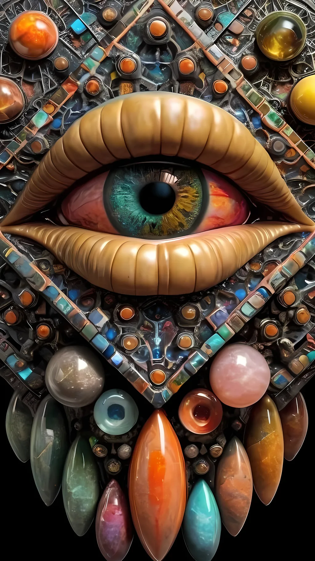 Prompt: Create an extremely hyper-realistic, ultra super textural, weird, trippy, surreal, psychedelic eyes/teeth/mouth pattern/design based on “metatron’s Cube” with lots of human eyes (crazy colorful compound psychedelic), rows of human teeth, human lips, and tongues. 

- **Colors**: determined by the properties and expressions of the elements (& their isotopes), minerals, and metals: Nickel (Ni), Aventurine, Chrysoberyl

**Shapes and forms**
- “Metatron's Cube”
-other shapes determined by the natural properties and expressions of the elements (& their isotopes), minerals, metals, and biological organisms: diatoms, Nickel (Ni), Aventurine, Chrysoberyl


- **Textures**: Derived from any/all elements (& their isotopes), minerals, metals, crystals, organic things mentioned in this prompt: “Metatron's Cube” Nickel (Ni), Aventurine, Chrysoberyl

**Composition and Layout**:
- a pattern/design based on the “Metatron's Cube”

**Lighting**lots and lots of bright shining reflective light
- Trichroism


**Detail and Atmosphere**:
- Extreme hyperrealistic sharp high detail high definition organic and mineral textures
- Psychedelic, weird, odd, surreal atmosphere
- Frozen in time

**Additional Elements**:
- extra rows of teeth, lips, many eyes, diatoms, “Metatron's Cube” , Aventurescence, Chatoyancy
