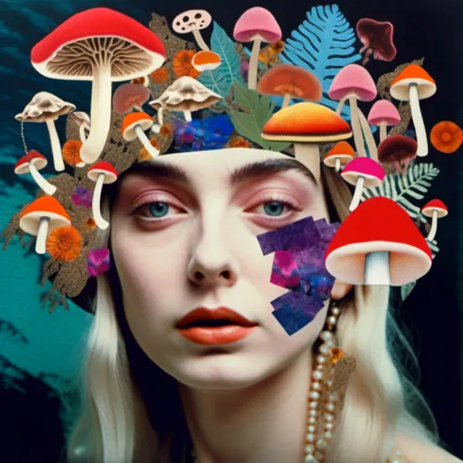 Prompt: <mymodel>Mixed media collage of a beautiful woman, mushroom headpiece, surreal atmosphere, vibrant colors, high quality, mixed media collage, surreal, vibrant colors, detailed facial features, ethereal lighting