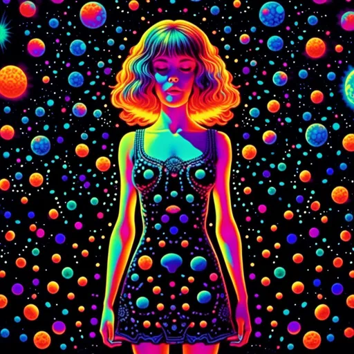 Prompt: <mymodel>Vintage 70s black light poster art illustration, girl hallucinating in space, psychedelic mushrooms, planets, moons, stars, fractals, vibrant colors, intense black light effects, detailed psychedelic girl, cosmic atmosphere, high quality, psychedelic, vintage, space, vibrant colors, fractal details, hallucination, girl illustration, retro art style, cosmic lighting