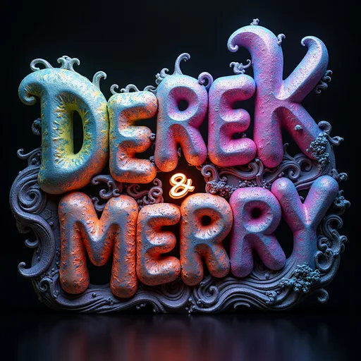 Prompt: vibrant rainbow light- Render the word “DEREK & MERRY” as an organic, grown structure formed entirely from chaotic mathematics and alien biology. extremely vibrant, bright vivid swirling colors, lots and lots of bright white light, sparkles and shimmers- Each letter should be a unique, asymmetrical lifeform—bulbous, twisted, and textured like wet bark or bioluminescent coral. The surface of the letters is glossy and fluid, with swirling iridescent colors: deep violet, oil-slick magenta, electric cyan, acid green, and hints of molten gold. From the edges of each glyph, thin black fractal tendrils sprout like neural roots or lightning veins, stretching outward into space. These tendrils should feel alive, twitching or slowly shifting, as if sensing their environment.

the text is “DEREK & MERRY”, spelled just as that. 

The background is a high-contrast fractal landscape made from Mandelbrot or Julia sets, with sharp-edged recursive patterns in bold, clashing zones of color—neon teal, hot pink, black, yellow, and turquoise—emitting a glowing synthetic light. The letters do not sit on the surface but appear to have erupted from it, fused at the roots, like parasitic growths from the math fabric of space. The entire word should shimmer with inner energy, not static but subtly moving—alive with chaos, logic, and strange light. No typographic forms—these letters “Merrypranxter” are creatures, born from pure fractal geometry and chaos math.