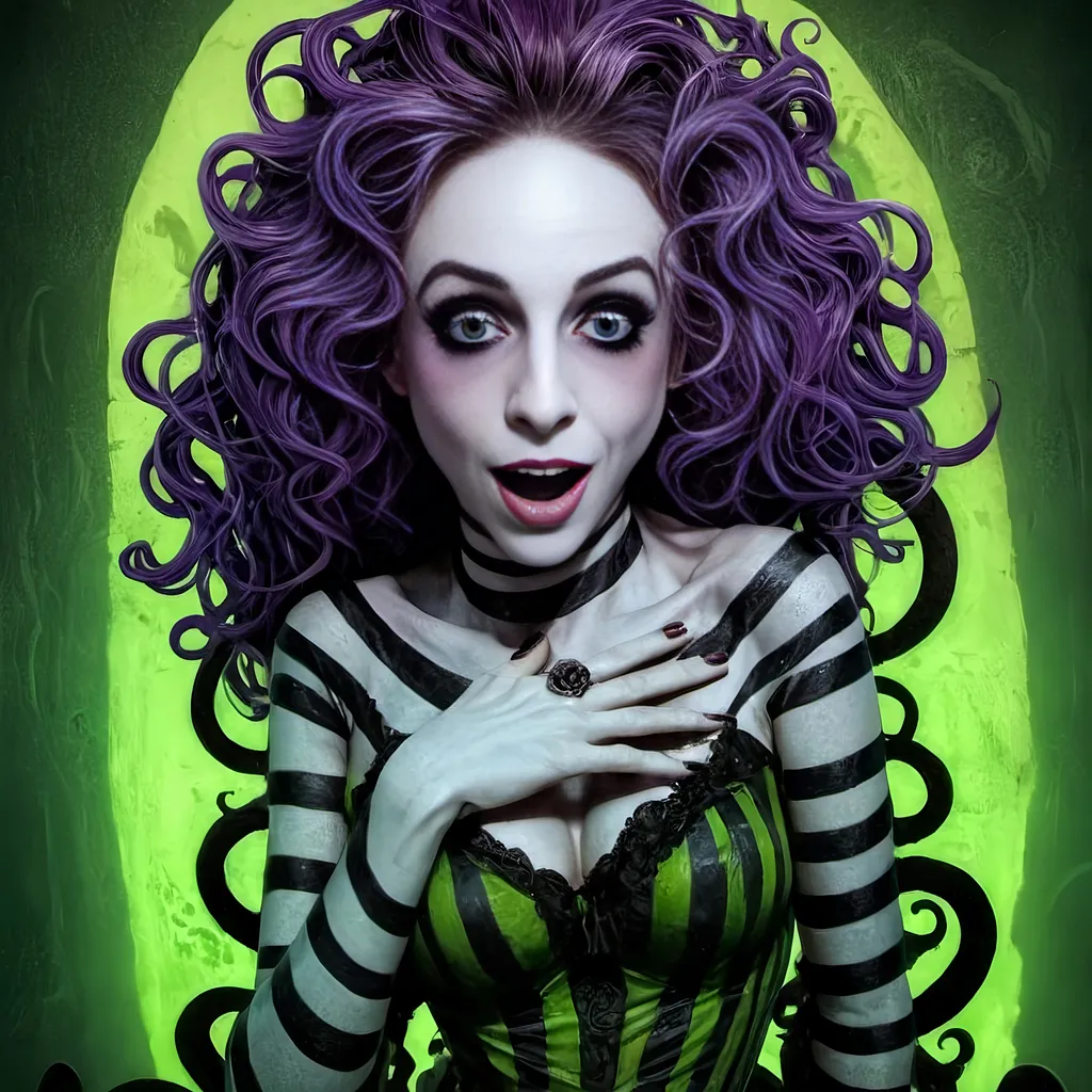 Prompt: <mymodel>Beetlejuice-themed illustration with Tim Burton aesthetic, sandworm, purple, neon green, black, textured pattern, high-quality, detailed, Tim Burton style, cartoon, dark tones, eerie lighting, sandworm texture, Beetlejuice aesthetic, vivid colors, eerie atmosphere, gothic, haunting, neon accents, detailed patterns, spooky, beetlejuice, highres, textured, neon, eerie, detailed texture, Tim Burton style, haunting, vivid colors