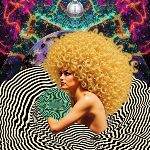 Prompt: In this abstract design, a woman with long blond curly hair becomes a celestial muse, her flowing locks radiating outward like golden tendrils of vibrating light. Her figure emerges from a swirling ocean of ripple patterns, their concentric waves in deep blues and greens creating the feeling of infinite motion. Above her, vibrant auroral streaks of magenta, teal, and amber cascade like curtains of cosmic energy, blending seamlessly into the curves of her hair. The background is alive with dynamic cymatic forms, their intricate geometries glowing in silver and white, as if pulsing with the rhythm of the universe. Her presence anchors the scene, surrounded by circular oscillations that pulse in golden hues, creating a halo of resonant energy. Her hair transforms into spiraling waveforms that intertwine with Chladni-inspired patterns, their symmetrical shapes vibrating in harmony with the flow of the design. The entire piece feels alive, a celebration of vibration as the unseen force that connects all things, with the woman embodying the beauty and power of creation itself, her form both human and cosmic, grounded yet transcendent.