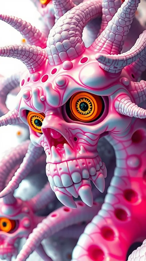 Prompt: an extremely hyper realistic ultra super textural weird trippy surreal psychedelic entity, vicsek fractals, white, translucent, clear, bright bright pastel colors, oil slick rainbow sheen effect, lots and lots of light, lots of crazy colorful compound psychedelic human eyes, rows of human teeth, fungus, atoms, diatoms, vicsek fractal