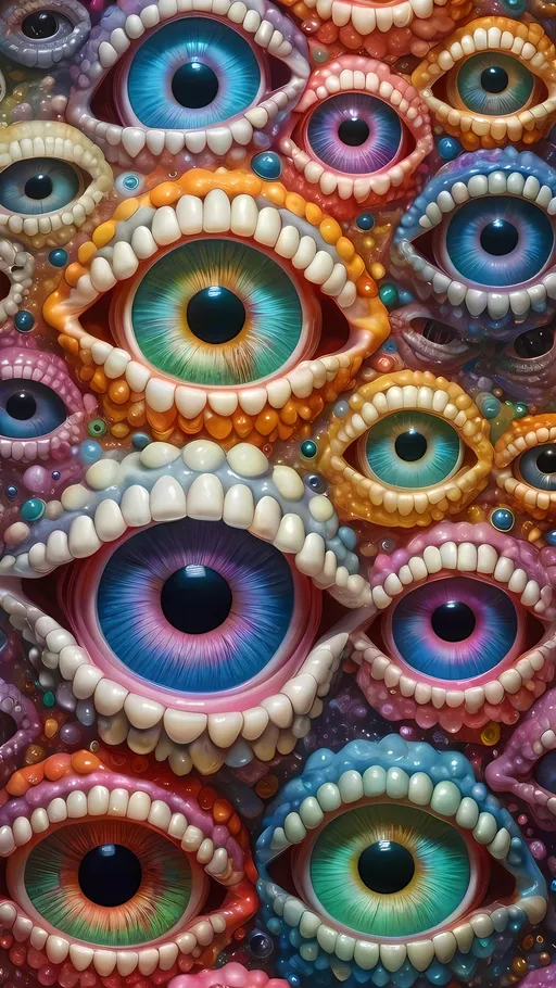 Prompt: an extremely hyper realistic ultra super textural weird trippy surreal psychedelic entity, cissoids , white, translucent, clear, bright bright pastel colors, oil slick rainbow sheen effect, lots and lots of light, lots of crazy colorful compound psychedelic human eyes, rows of human teeth, fungus, atoms, diatoms, cissoids