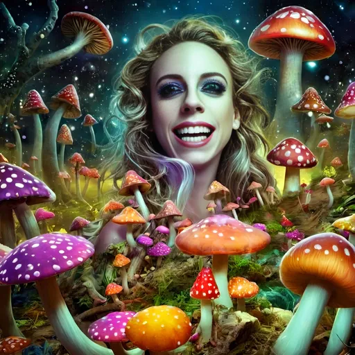 Prompt: Surreal mushroom dreamland, glowing mushrooms, vivid colors, magical atmosphere, whimsical, intricate details, high quality, dreamlike, surreal, fantasy, dreamy lighting, bizarre fungi, fantasy landscape, intricate designs