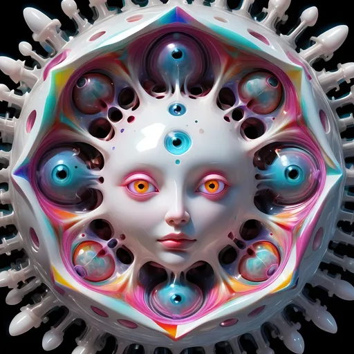 Prompt: a translucent white many sided multidimensional extra dimensional geometric shape churning through many extra dimensions etherically, covered in eyes, biological and mechanical simultaneously with random pops of brilliant vibid psychedelic color 