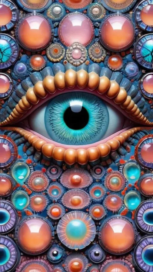 Prompt: Create an extremely hyper-realistic, ultra super textural, weird, trippy, surreal, psychedelic eyes/teeth/mouth pattern/design based on Mandelbrot & “Op Art tiling” with lots of human eyes (crazy colorful compound psychedelic), rows of human teeth, human lips, and tongues. 

- **Colors**: determined by the properties and expressions of the elements (& their isotopes), minerals, and metals: opal, moonstone, Kunzite, selenite, rose quartz, Platinum (Pt)

**Shapes and forms**
- Mandelbrot 
- "Op Art tiling" 
-other shapes determined by the natural properties and expressions of the elements (& their isotopes), minerals, metals, and biological organisms: opal, moonstone, Kunzite, selenite, rose quartz,  Platinum (Pt)


- **Textures**: Derived from any/all elements (& their isotopes), minerals, metals, crystals, organic things mentioned in this prompt: opal, moonstone, Kunzite, selenite, rose quartz, Platinum (Pt)

**Composition and Layout**:
- a pattern/design based on the Op Art tiling & Mandelbrot 

**Lighting**:
- lots of bright light
- Iridescence
- Aventurescence
- Chatoyancy
- Asterism

**Detail and Atmosphere**:
- Extreme hyperrealistic sharp high detail high definition organic and mineral textures
- Psychedelic, weird, odd, surreal atmosphere
- Frozen in time

**Additional Elements**:
- extra rows of teeth, lips, many eyes, Op Art tiling, Mandelbrot, Iridescence
