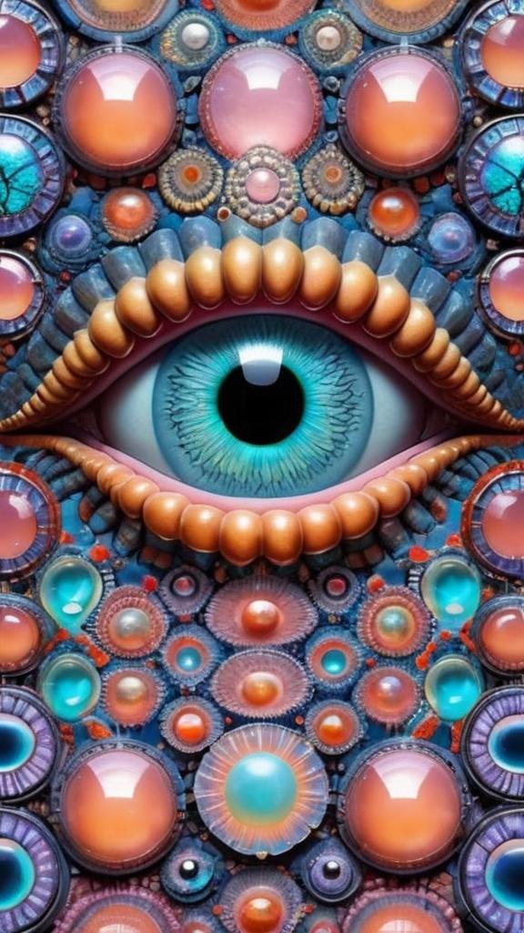 Prompt: Create an extremely hyper-realistic, ultra super textural, weird, trippy, surreal, psychedelic eyes/teeth/mouth pattern/design based on Mandelbrot & “Op Art tiling” with lots of human eyes (crazy colorful compound psychedelic), rows of human teeth, human lips, and tongues. 

- **Colors**: determined by the properties and expressions of the elements (& their isotopes), minerals, and metals: opal, moonstone, Kunzite, selenite, rose quartz, Platinum (Pt)

**Shapes and forms**
- Mandelbrot 
- "Op Art tiling" 
-other shapes determined by the natural properties and expressions of the elements (& their isotopes), minerals, metals, and biological organisms: opal, moonstone, Kunzite, selenite, rose quartz,  Platinum (Pt)


- **Textures**: Derived from any/all elements (& their isotopes), minerals, metals, crystals, organic things mentioned in this prompt: opal, moonstone, Kunzite, selenite, rose quartz, Platinum (Pt)

**Composition and Layout**:
- a pattern/design based on the Op Art tiling & Mandelbrot 

**Lighting**:
- lots of bright light
- Iridescence
- Aventurescence
- Chatoyancy
- Asterism

**Detail and Atmosphere**:
- Extreme hyperrealistic sharp high detail high definition organic and mineral textures
- Psychedelic, weird, odd, surreal atmosphere
- Frozen in time

**Additional Elements**:
- extra rows of teeth, lips, many eyes, Op Art tiling, Mandelbrot, Iridescence
