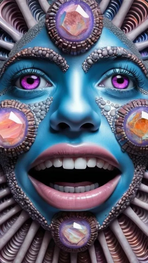 Prompt: Create an extremely hyper-realistic, ultra super textural, weird, trippy, surreal, psychedelic eyes/teeth/mouth pattern/design based on Mandelbrot & “Op Art tiling” with lots of human eyes (crazy colorful compound psychedelic), rows of human teeth, human lips, and tongues. 

- **Colors**: determined by the properties and expressions of the elements (& their isotopes), minerals, and metals: opal, moonstone, Kunzite, selenite, rose quartz, Platinum (Pt)

**Shapes and forms**
- Mandelbrot 
- "Op Art tiling" 
-other shapes determined by the natural properties and expressions of the elements (& their isotopes), minerals, metals, and biological organisms: opal, moonstone, Kunzite, selenite, rose quartz,  Platinum (Pt)


- **Textures**: Derived from any/all elements (& their isotopes), minerals, metals, crystals, organic things mentioned in this prompt: opal, moonstone, Kunzite, selenite, rose quartz, Platinum (Pt)

**Composition and Layout**:
- a pattern/design based on the Op Art tiling & Mandelbrot 

**Lighting**:
- lots of bright light
- Iridescence
- Aventurescence
- Chatoyancy
- Asterism

**Detail and Atmosphere**:
- Extreme hyperrealistic sharp high detail high definition organic and mineral textures
- Psychedelic, weird, odd, surreal atmosphere
- Frozen in time

**Additional Elements**:
- extra rows of teeth, lips, many eyes, Op Art tiling, Mandelbrot, Iridescence
