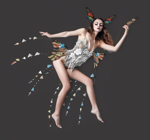 Prompt: a photograph of a woman (color or black and white) with multimedia elements added to create the appearance that she is a beautiful intricate moth, with moth wings and antennae created from paint, paper, photos, glitter, iridescent enamels, nail polish, rhinestones, thread and string, fabric, folded paper etc<mymodel>